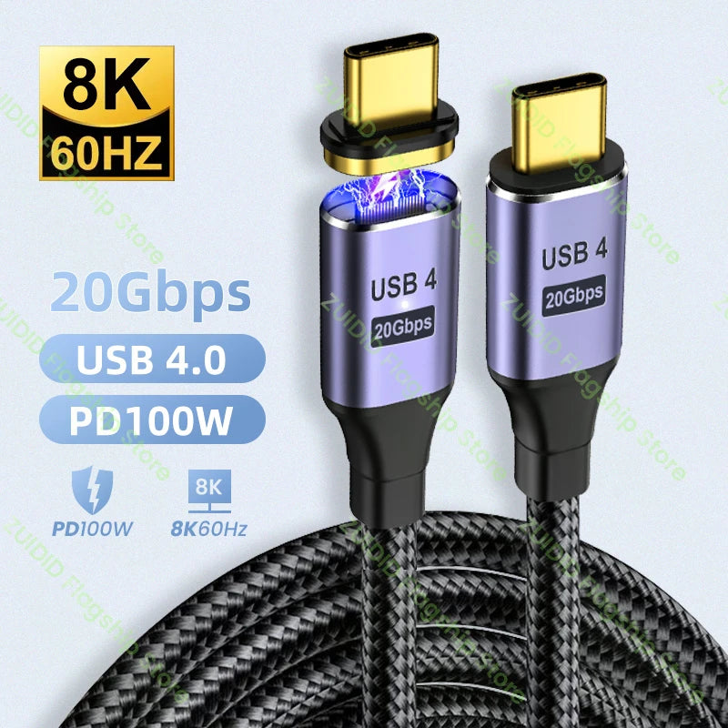 Câble magnétique USB 4.0 20Gbps PD 100W 5A, charge rapide USB Type C vers Type C 8K @ 60Hz, câble de données Thunderbolt 3 pour Macbook Pro 2m