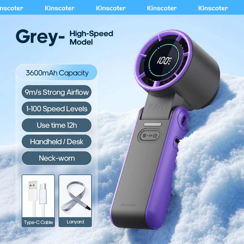 Mini ventilateur portable pliable d'extérieur KINSCOTER, rechargeable, 3600 mAh, contrôle libre sur 100 niveaux, turbo haute vitesse