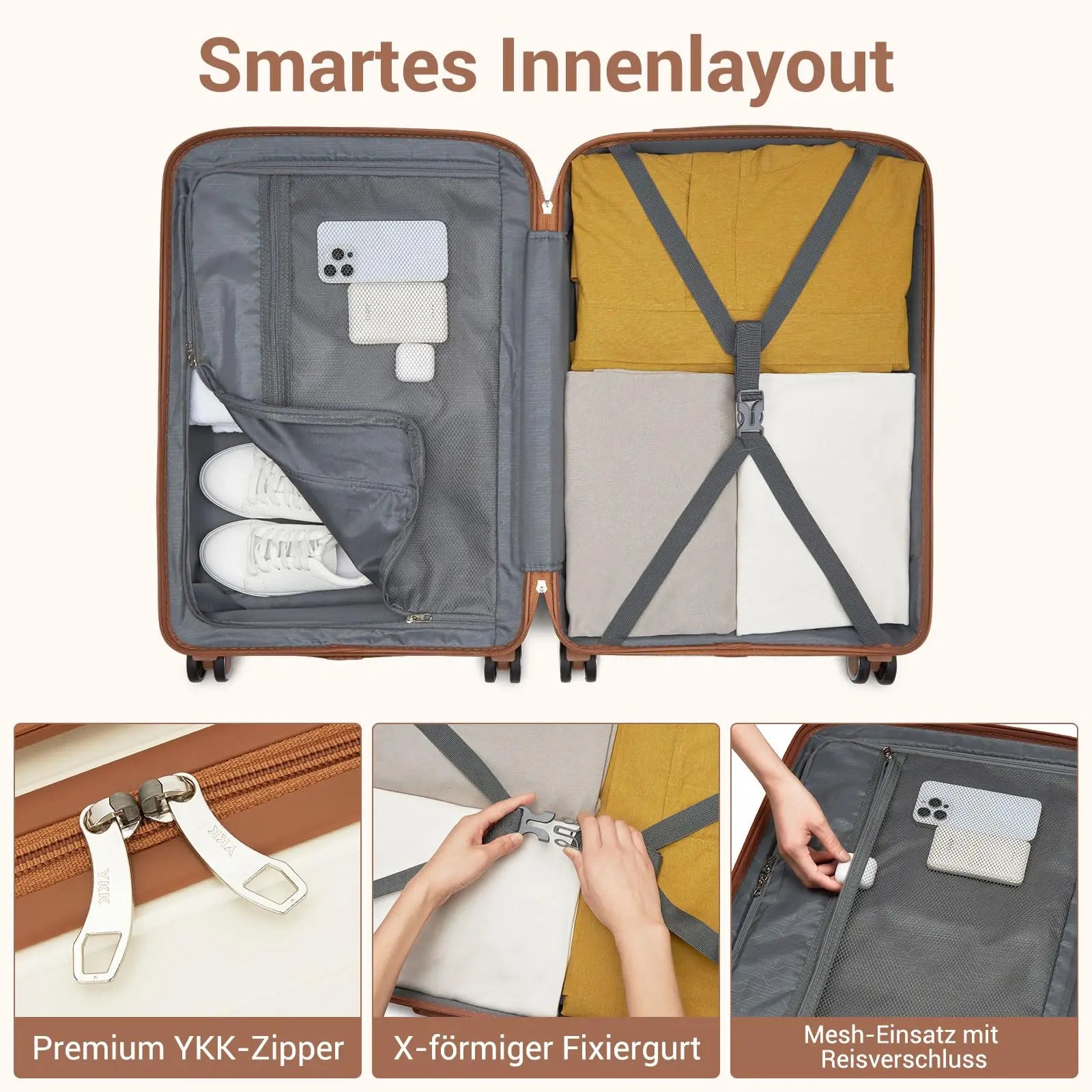 Valise cabine légère en polypropylène S/M/L KONO – 4 roues spinner, chariot rigide avec serrure TSA
