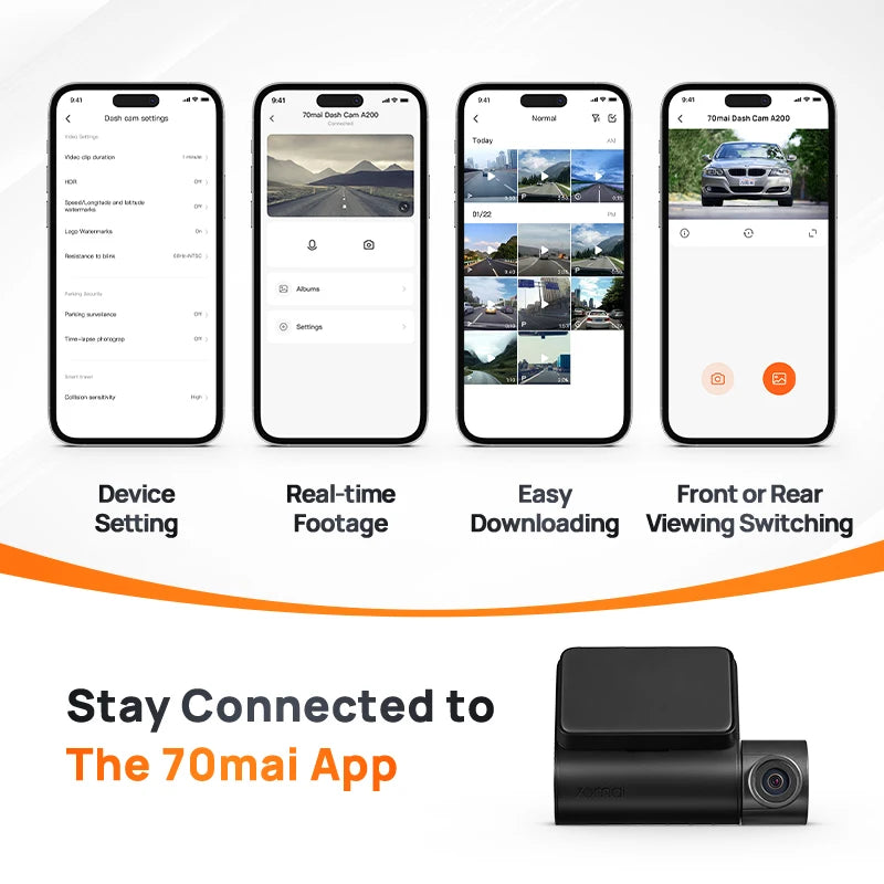 Caméra Dashcam de tableau de bord avec moniteur de stationnement 24h, DVR de voiture, WiFi, FOV 1080 °, 130 P, HDR, 2 écrans en effet IPS, A200, Global