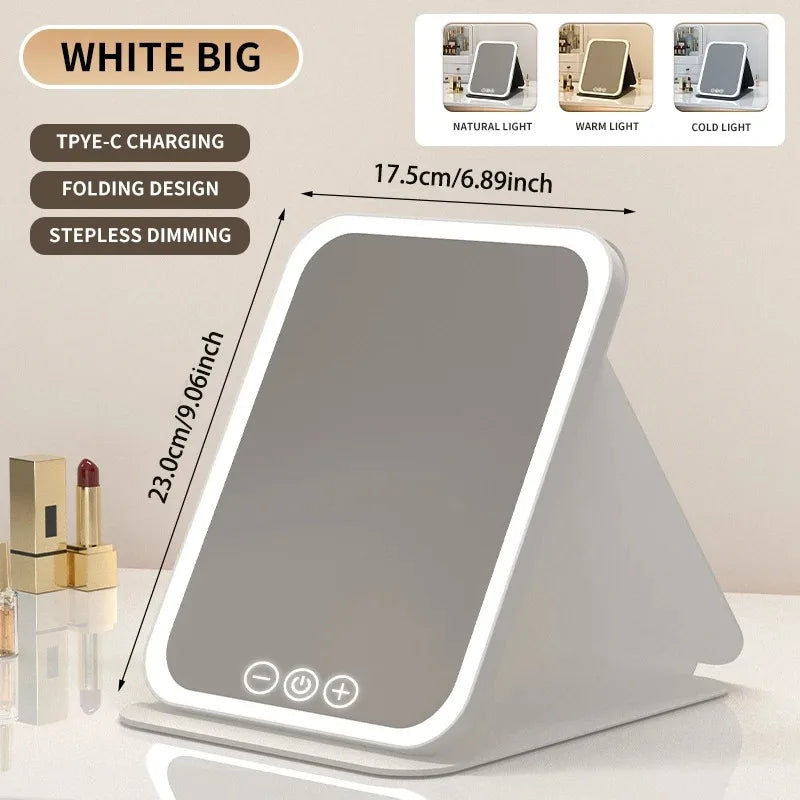 Miroir de Maquillage LED Pliable – 3 Couleurs, Tactile, Rechargeable, Voyage & Maison