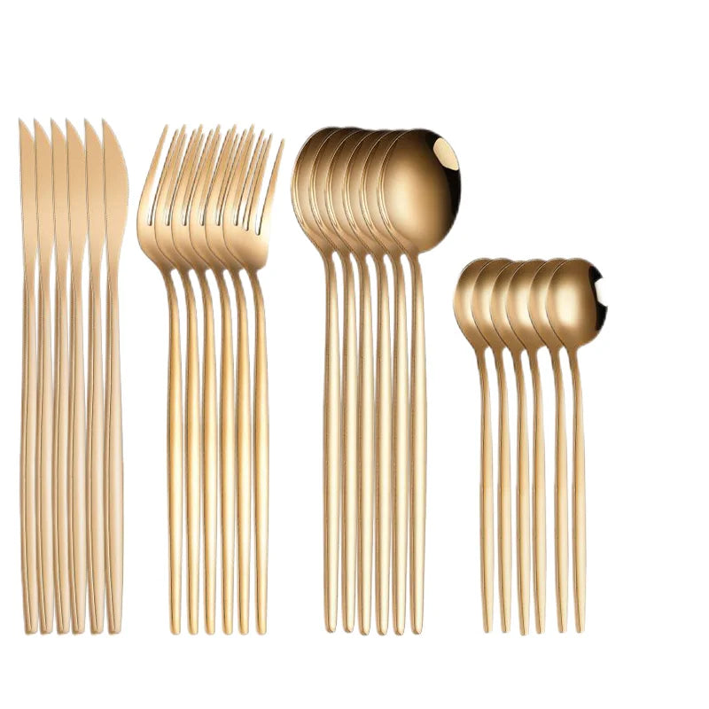 Ensemble de vaisselle en acier inoxydable doré 24 pièces, couteau à steak, fourchette, cuillère à soupe, cuillère à café, couverts lavables au lave-vaisselle, vaisselle de cuisine