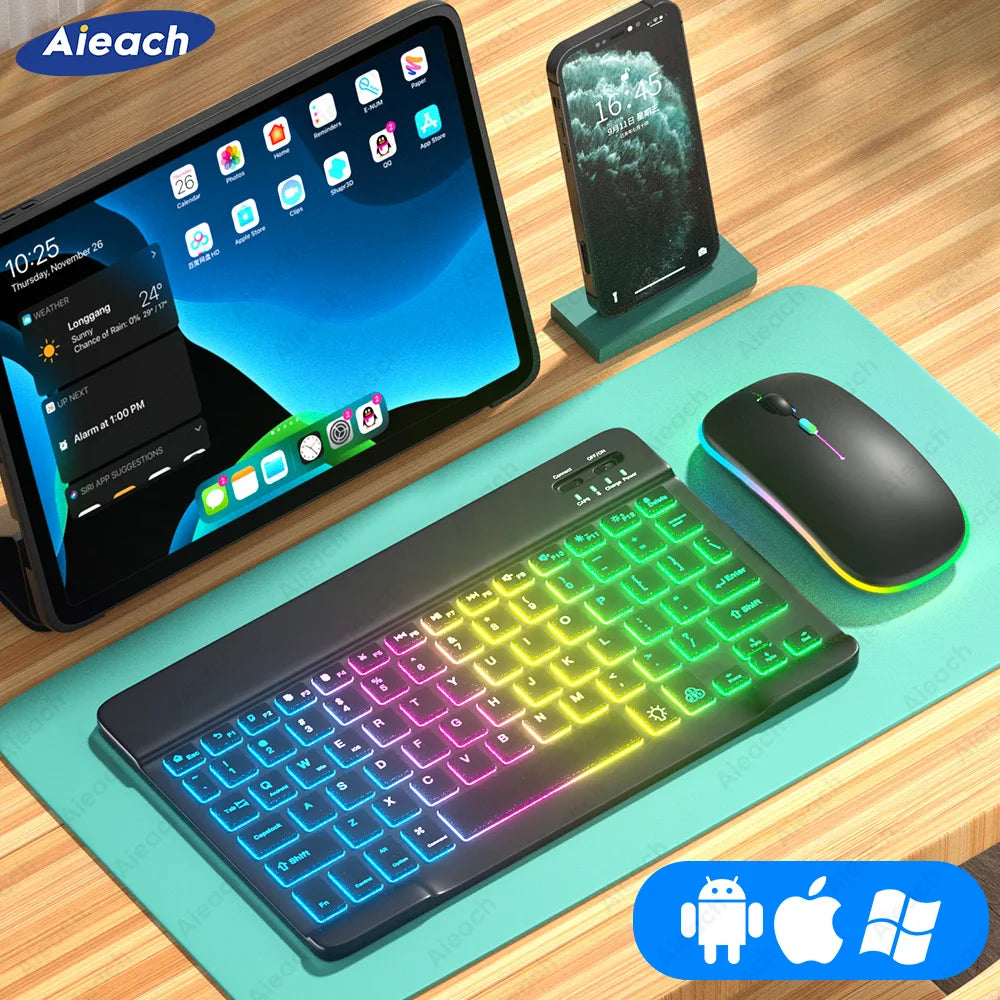 Clavier rétro arc-en-ciel compatible Bluetooth pour tablette Android iOS Windows, souris sans fil pour téléphone iPad