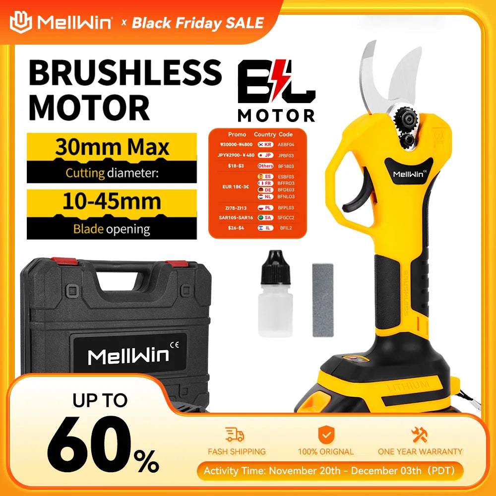 Sécateur électrique sans balais 30 mm MELLWIN – cisaille sans fil 2 vitesses pour arbres fruitiers et bonsaïs compatible 18 V