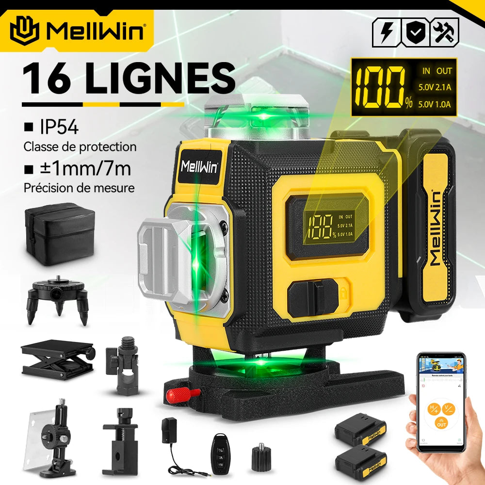 MELLWIN professionnel 16 lignes 4D niveau Laser avec télécommande APP autonivelant 360 niveau Laser puissant horizontal et vertical