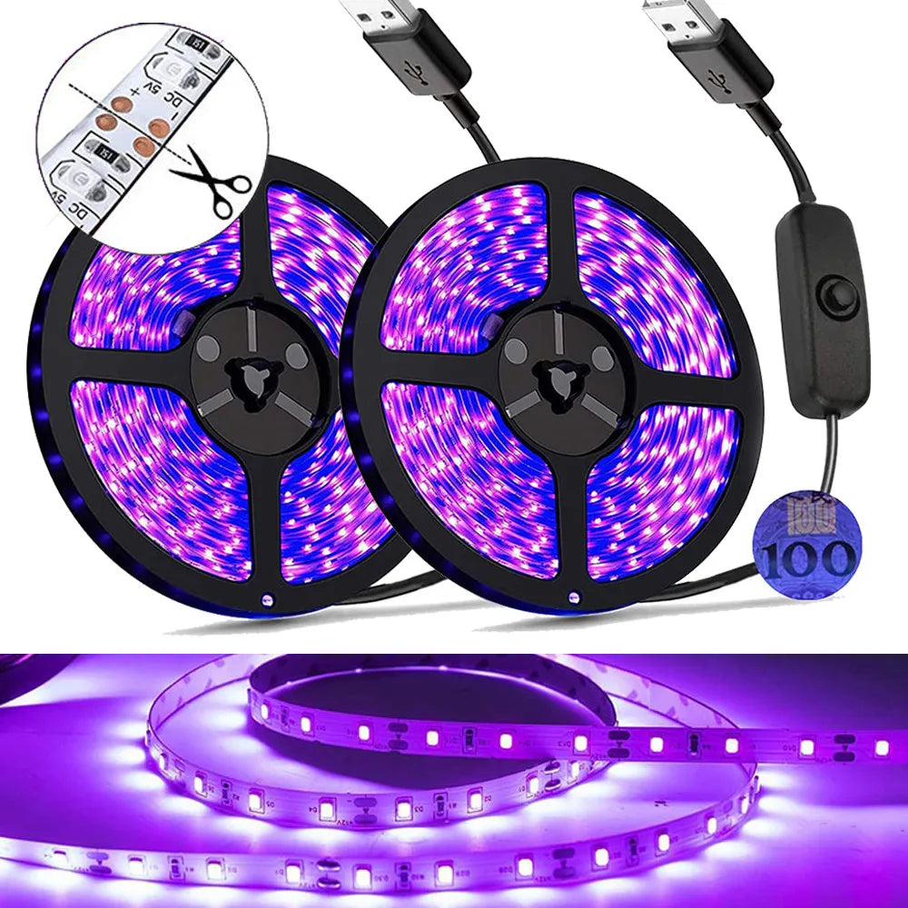 5V UV-LED-Streifen 395-405nm – 0,5M bis 5M, 60LED/m SMD2835, fluoreszierendes violettes USB-Licht mit Schalter