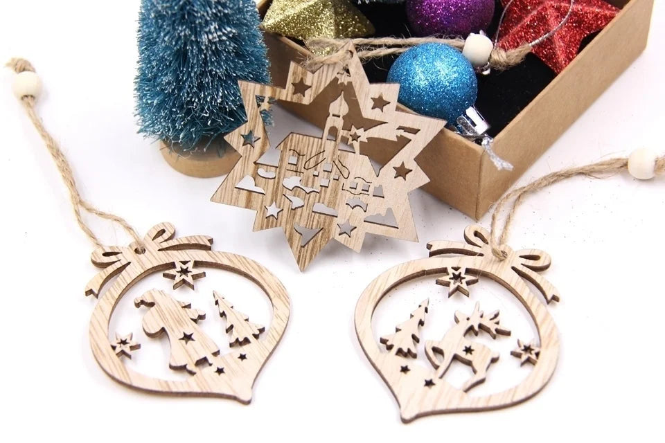Flocon de neige creux en bois pour Noël, ornements de Noël vintage, décorations d'arbre de Noel, cadeaux, 12 pièces par boîte