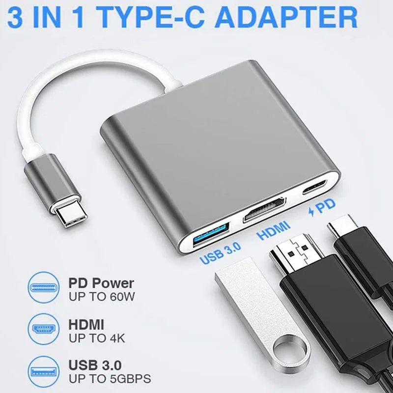 Hub USB C 3 en 1, alimentation 100W, USB 3.0 4K, compatible HDMI pour MacBook Surface Chrome Steam Deck, adaptateur USB 3.0 Stable