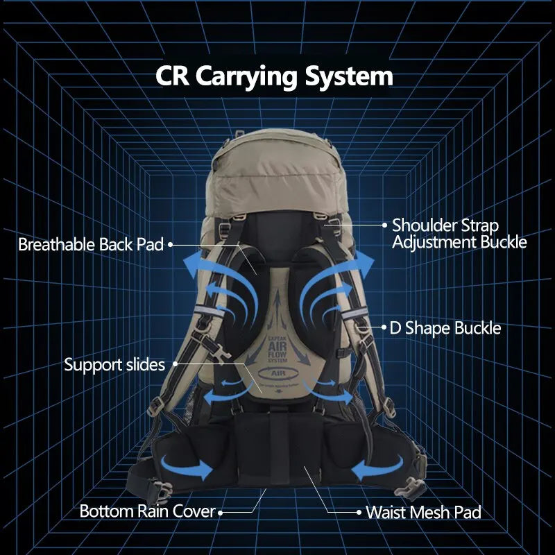Natureifa-Sac à dos de camping ergonomique pour homme, grande capacité, sacs de randonnée avec housse de pluie, voyage en plein air, sacs à dos de trekking, 70L