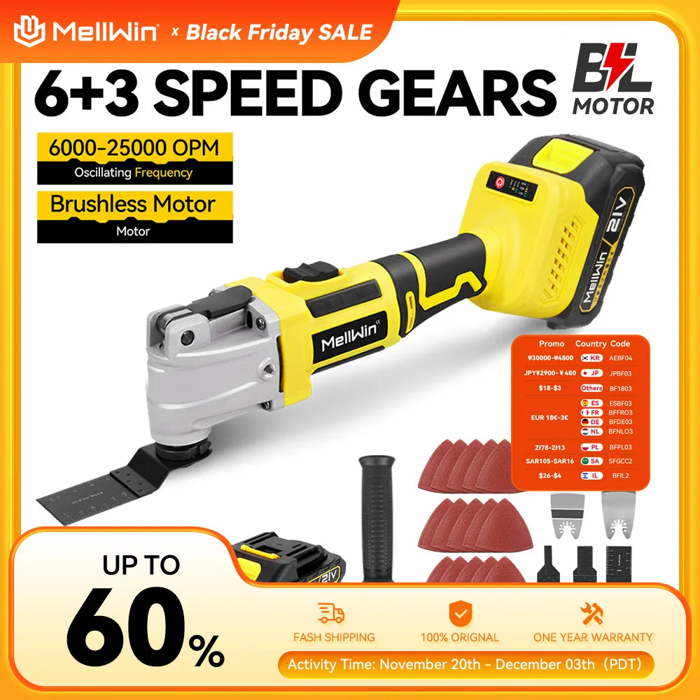 Outil multifonction oscillant sans balais MELLWIN – scie électrique, polisseuse et découpeur pour bois, compatible batterie Makita 18 V / 21 V