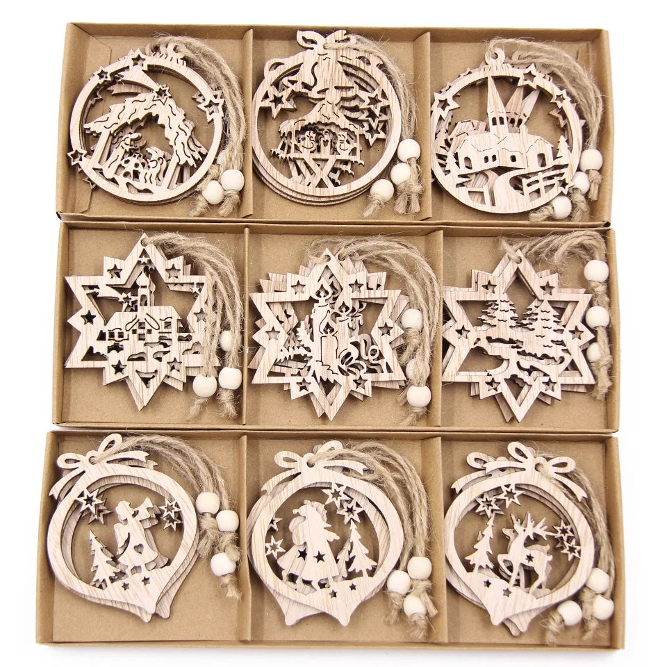 Flocon de neige creux en bois pour Noël, ornements de Noël vintage, décorations d'arbre de Noel, cadeaux, 12 pièces par boîte