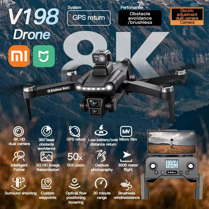 Drone Xiaomi V198 GPS MAX avec caméra professionnelle 8K, WiFi 5G, évitement d'obstacles au laser, moteurs sans balais, Drone pliable