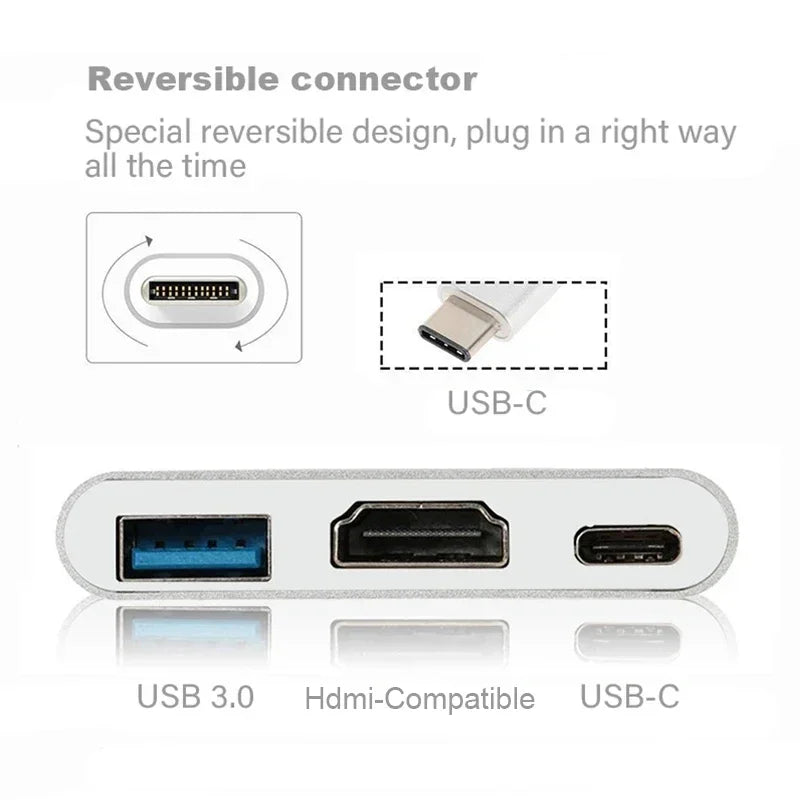 Hub USB C 3 en 1, alimentation 100W, USB 3.0 4K, compatible HDMI pour MacBook Surface Chrome Steam Deck, adaptateur USB 3.0 Stable