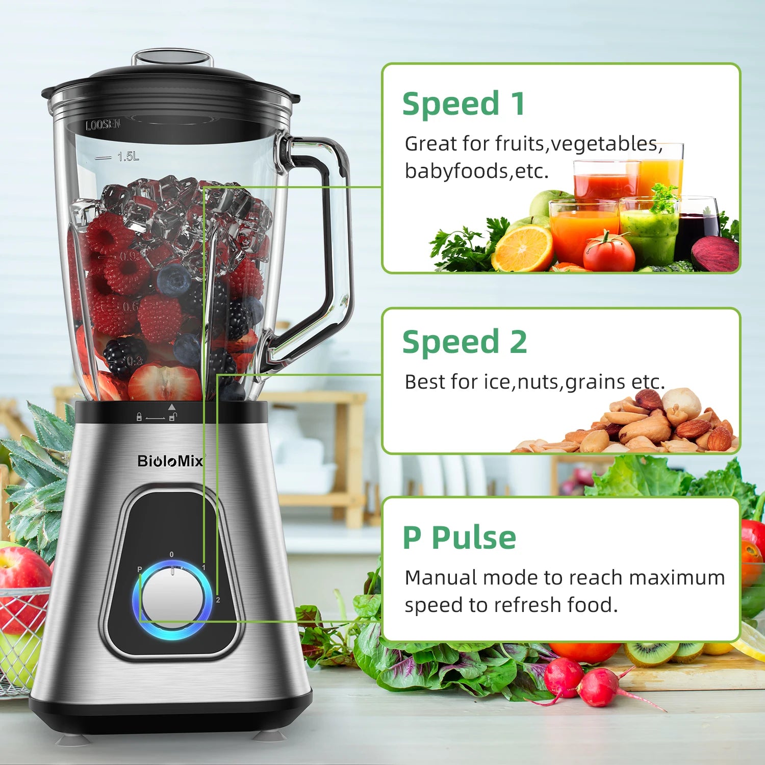 Mélangeur professionnel 1300 W avec pichet en verre sans BPA de 1,5 L, parfait pour les smoothies surgelés et les sauces maison