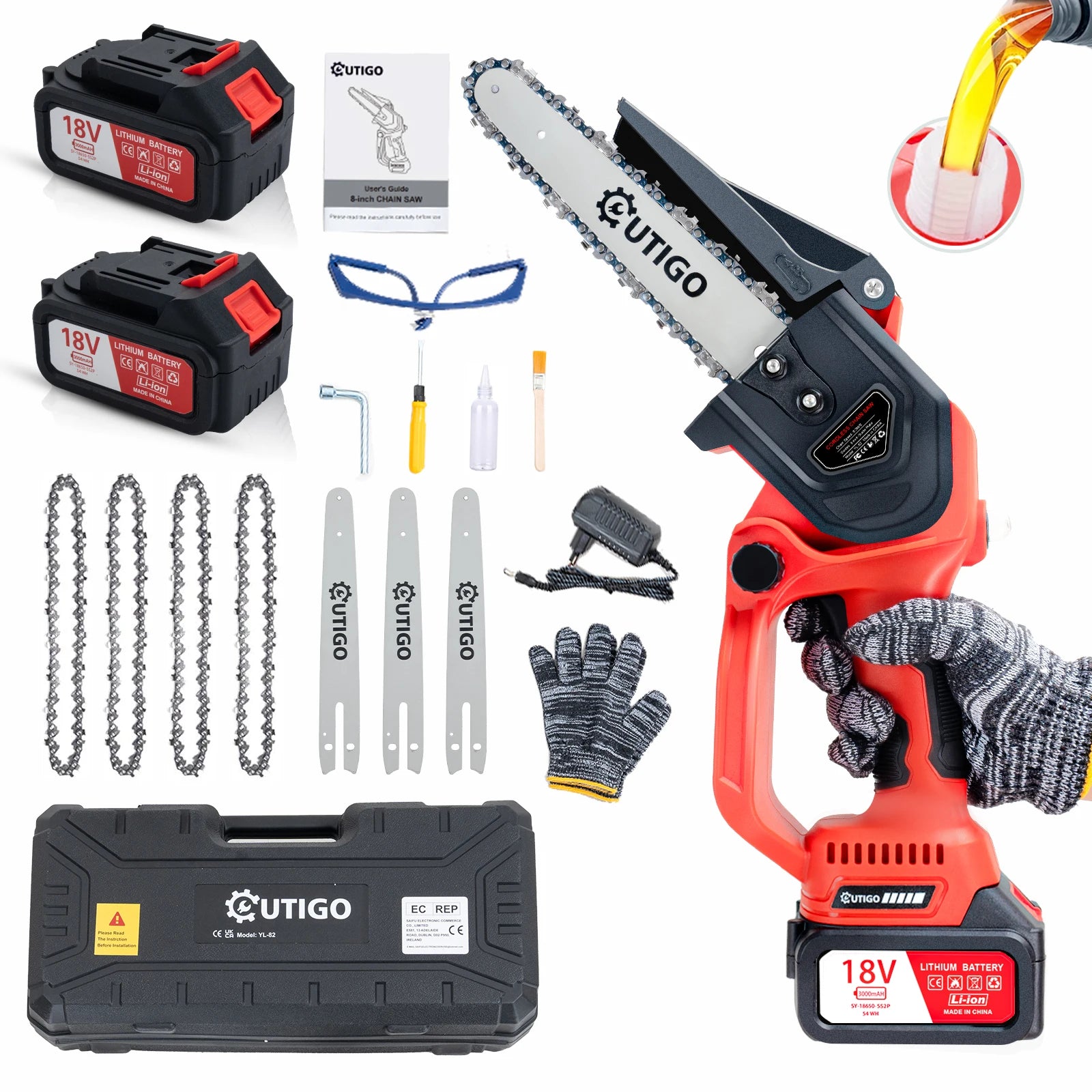 Tronçonneuse électrique à batterie OUTIGO, Tronçonneuse 8 pouces, 2*3000mah, MINI Tronçonneuse sans fil, 4 chaînes+3 guides de chaîne