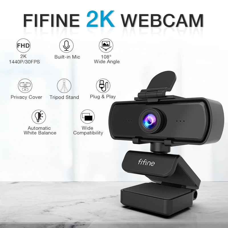 Caméra Webcam PC Full HD 1440p avec microphone, trépied, pour ordinateur de bureau et ordinateur portable USB