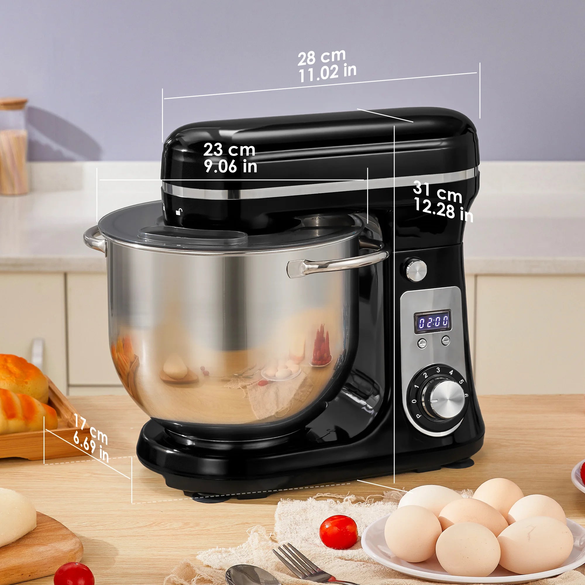 Robot de cuisine électrique BioloMix, 6L sur socle mélangeur 1200W moteur silencieux bol en acier inoxydable 6 vitesses, Crochet à pétrir, Batteur plat, bol mélangeur, Fouet filaire