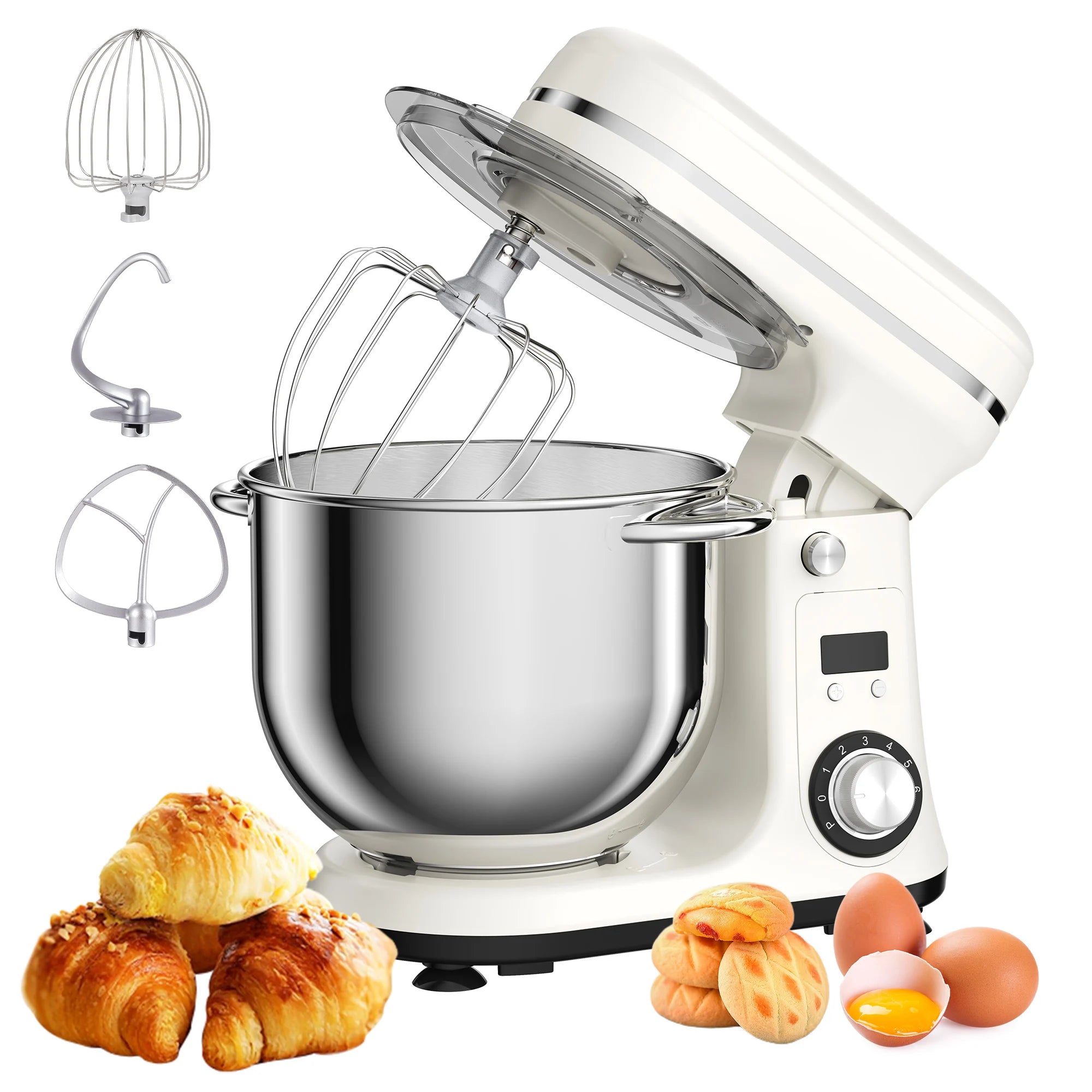Robot de cuisine électrique BioloMix, 6L sur socle mélangeur 1200W moteur silencieux bol en acier inoxydable 6 vitesses, Crochet à pétrir, Batteur plat, bol mélangeur, Fouet filaire