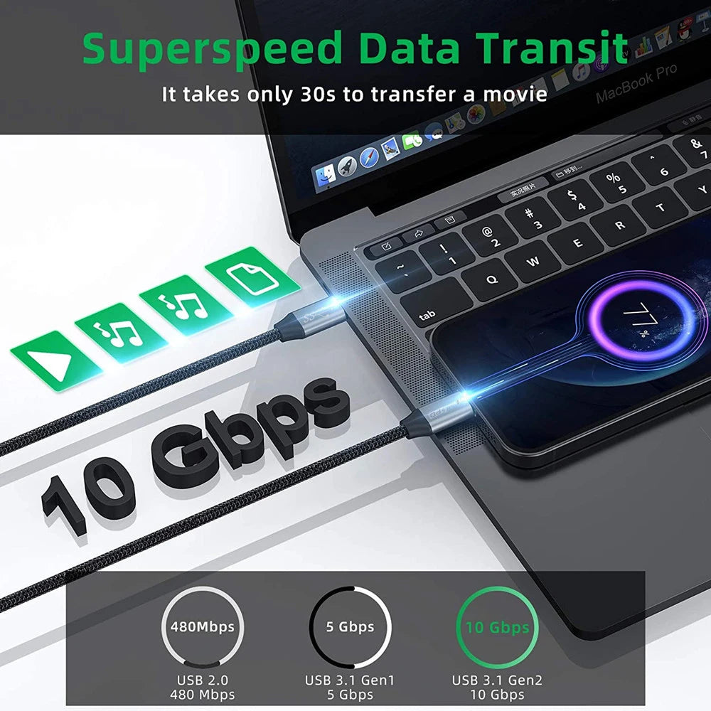 Câble d'extension USB C 3.1 Gen2 10Gbps, Type C à C PD 100W QC4.0 3.0 5A, câble de charge rapide pour MacBook Pro 4k 60Hz, câble vidéo