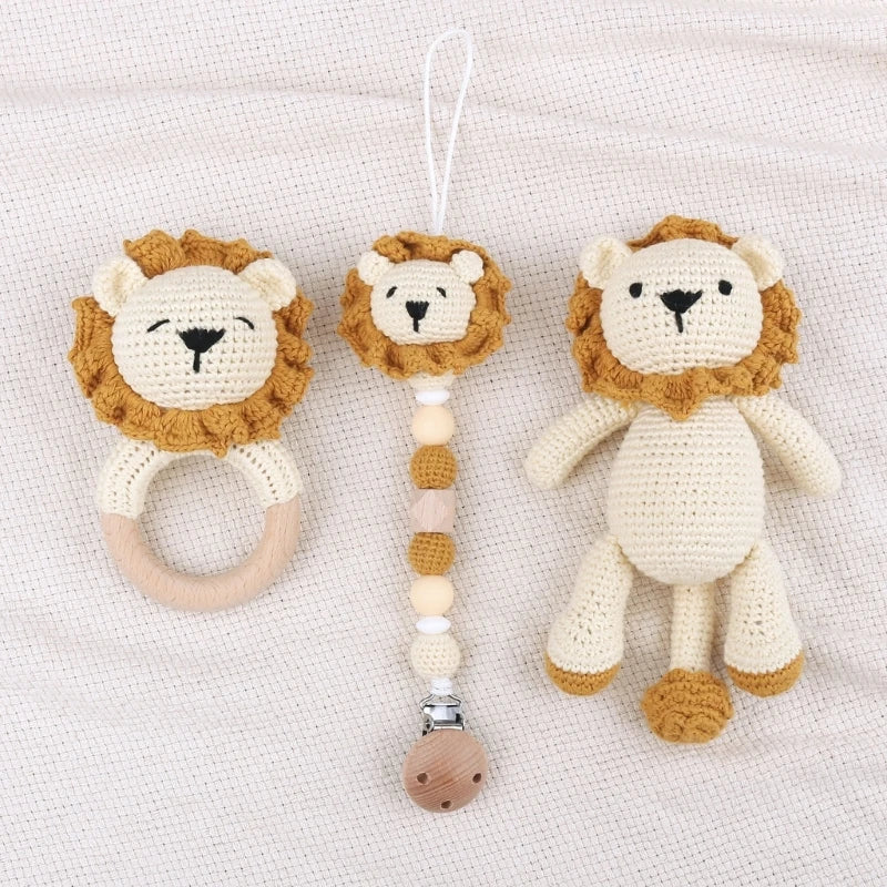 Anneau de dentition en bois pour nouveau-né, jouet en forme de Lion, fait à la main, Animal en peluche, hochet, Clips de sucette, 1 à 4 pièces