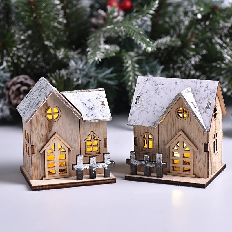 Holzhaus mit LED-Licht für Weihnachten, fröhliche Weihnachtsdekoration, Weihnachtsbaumschmuck, Geschenk für Kinder, Neujahr