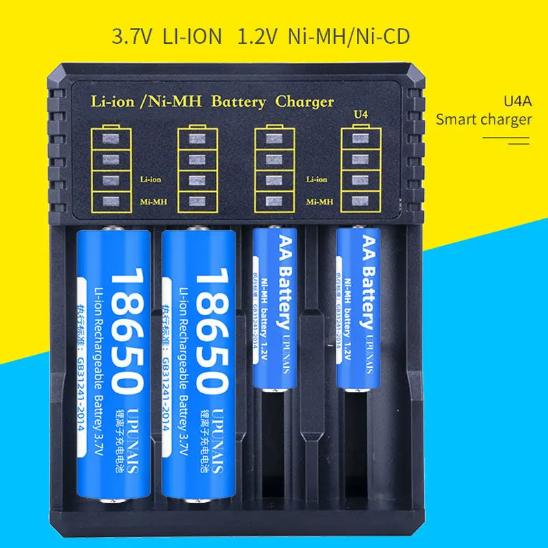 Chargeur intelligent de batterie USB, 4 emplacements pour batterie au Lithium Rechargeable 18650 21700 14500 3.7V pour batterie NI-MH AA/AAA 1.2V