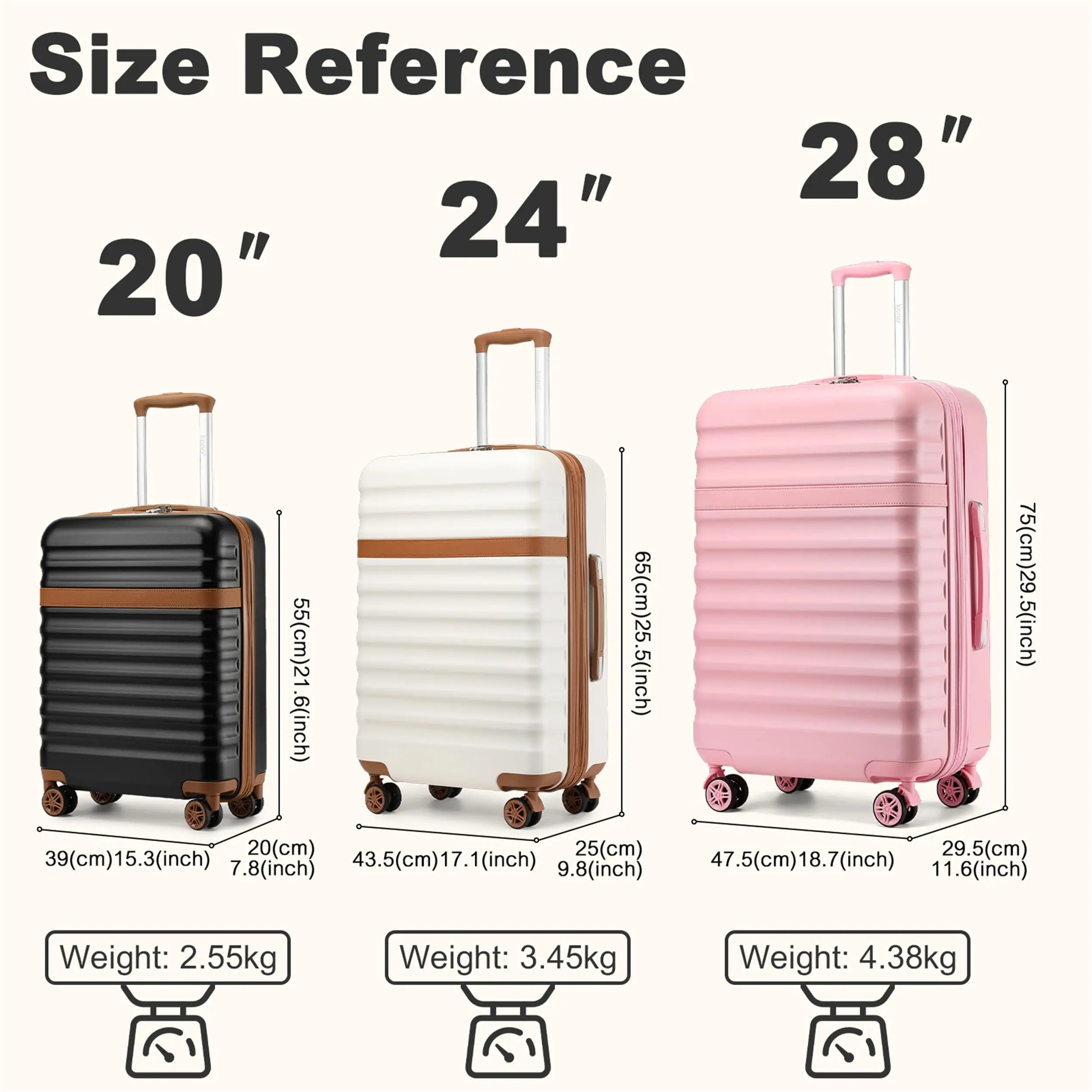 Valise rigide ABS + PC à 4 roues avec serrure TSA KONO – bagage cabine et soute (55 / 65 / 75 cm)