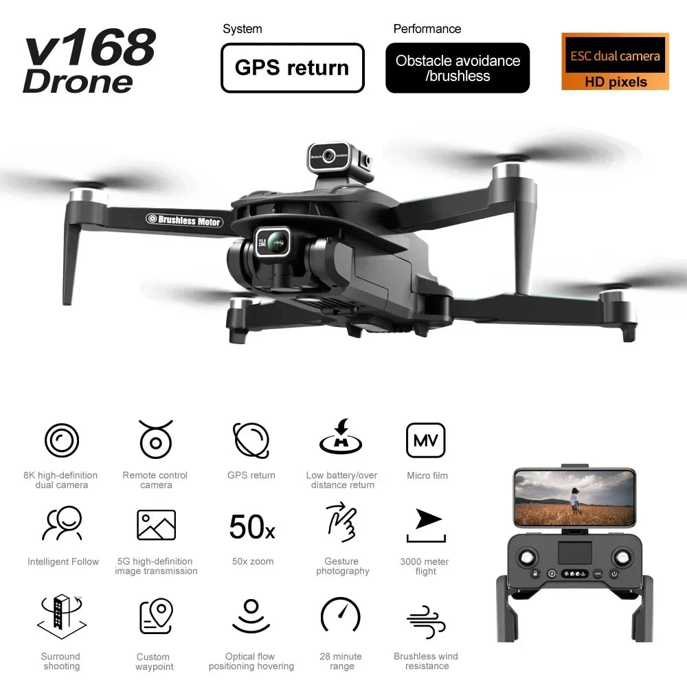 Drone V168 PRO GPS professionnel 8K avec caméra HD, FPV, WiFi 5G, moteur sans balais, pliable, RC quadcopter, évitement d'obstacles.