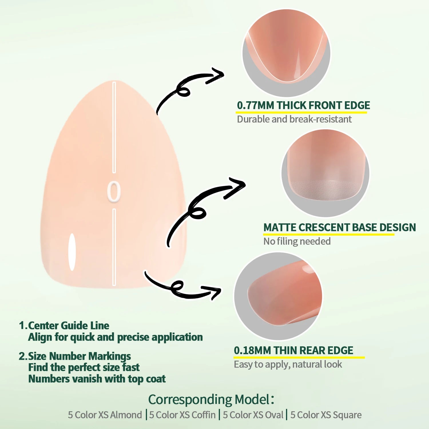 Kit de Faux Ongles 140/150 pièces Nailpop Sweet Dream – , Presse Courte, 5 Couleurs, Formes Amande/Cercueil/Carré/Oval, 14/15 Tailles