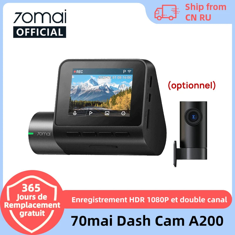 Caméra Dashcam de tableau de bord avec moniteur de stationnement 24h, DVR de voiture, WiFi, FOV 1080 °, 130 P, HDR, 2 écrans en effet IPS, A200, Global