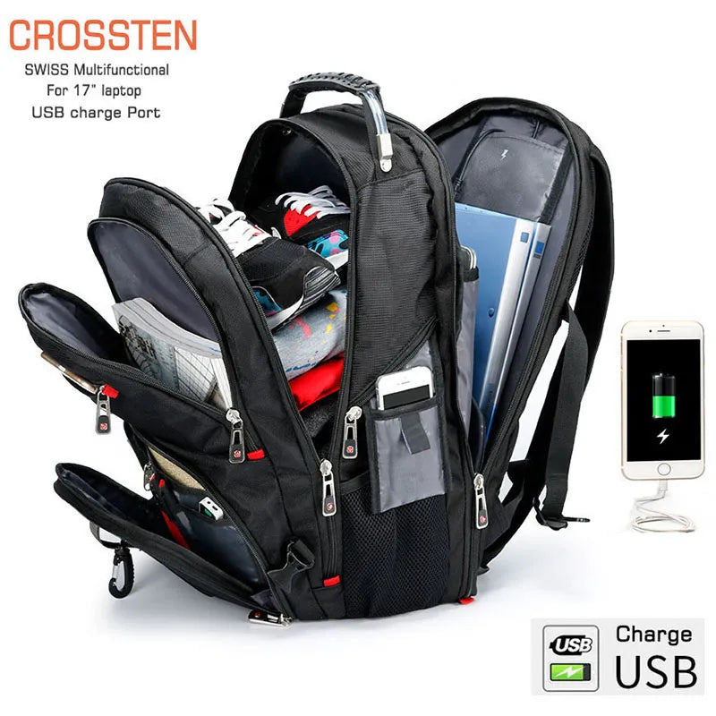 Sac à dos suisse multifonction pour ordinateur portable, sac de voyage 45L, sac à livres universitaire, port de chargement USB, 17 pouce