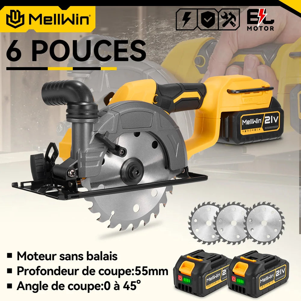 Scie circulaire électrique sans balais MELLWIN 150 mm – Outil multifonction portable pour bois, PVC, MDF et plus, compatible Makita 18 V