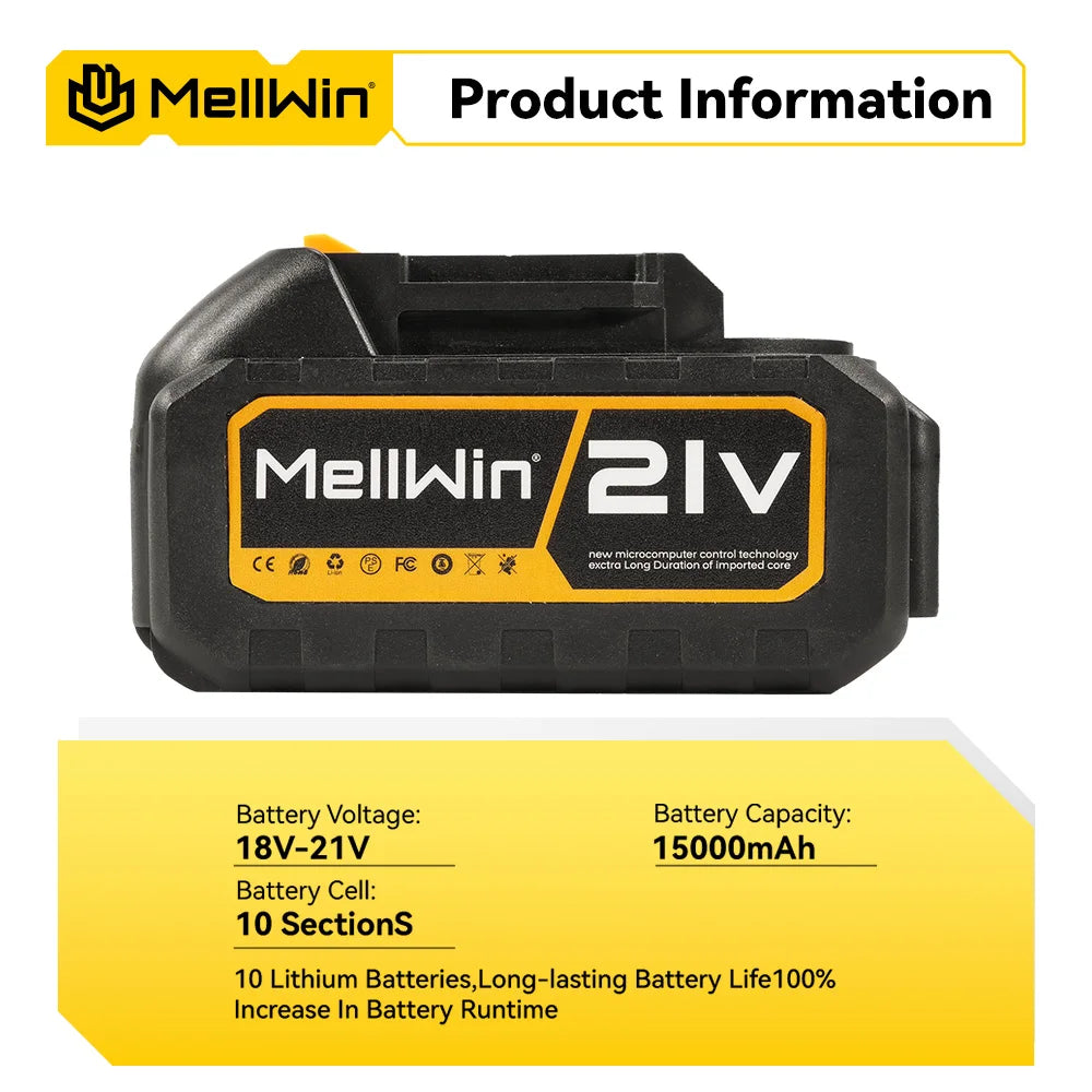 Batterie au lithium rechargeable 15 000 mAh MELLWIN – 18 V–21 V avec indicateur de capacité