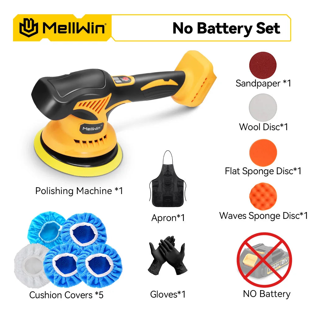 Polisseuse électrique sans fil MELLWIN – 150 mm, 8 vitesses, polissage, ponçage et épilation pour voiture, adaptée aux broches de batterie 18–21 V