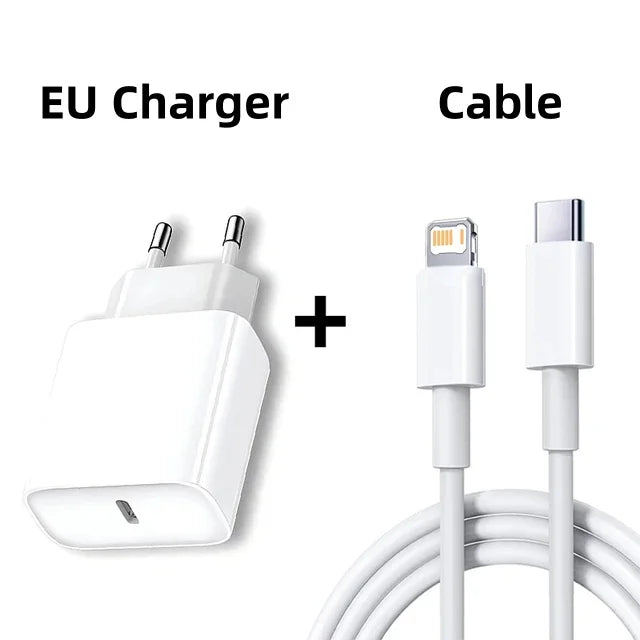 Chargeur rapide PD 20W pour iPhone 14 / 13 / 12 / 11 Pro Max / Mini / 7 / 8 / Plus / XR – câble USB Type-C inclus