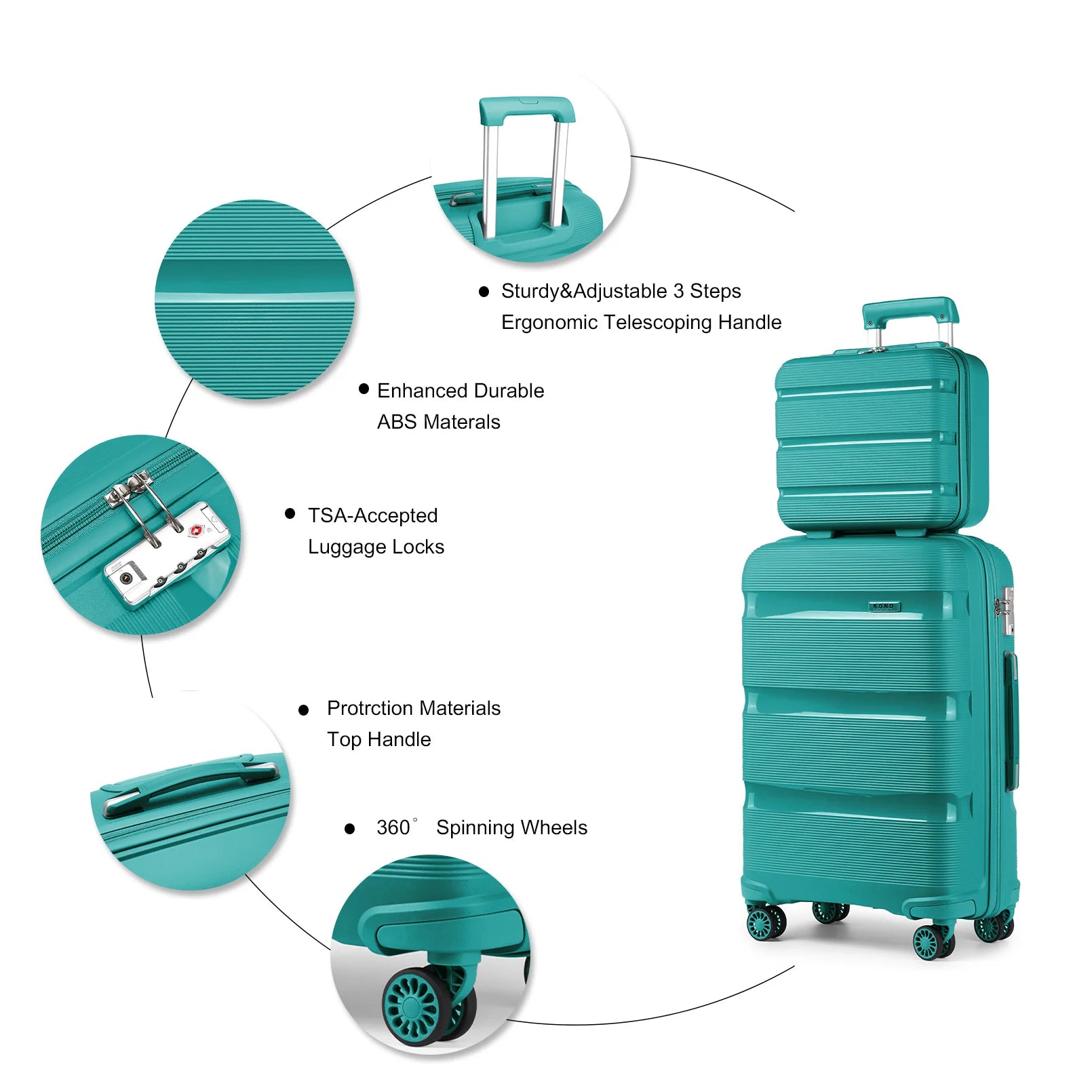 Ensemble de bagages rigides PP KONO 3 pièces – léger, 4 roues jumelles, serrure TSA, valises S-M-L