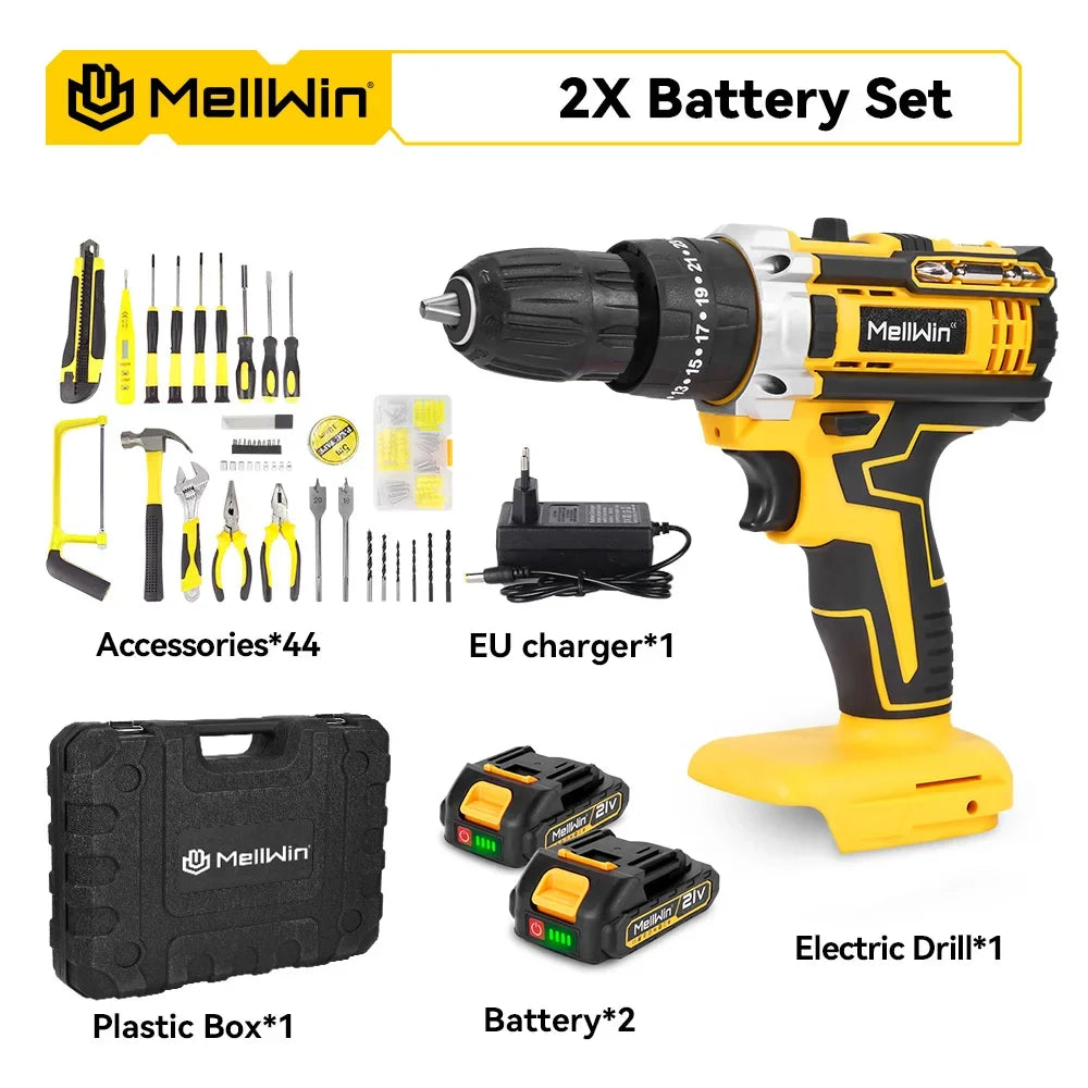 Perceuse à Percussion Sans Fil MELLWIN 25+3 Couple, 2 Vitesses Réglables, Tournevis Électrique – Compatible Batterie 18V Makita