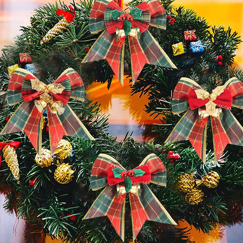 Noeud de ruban de lin vintage, décorations d'arbre de Noël, nœuds de cloche, décoration de boîte cadeau de fête à la maison, paquet de 4 pièces
