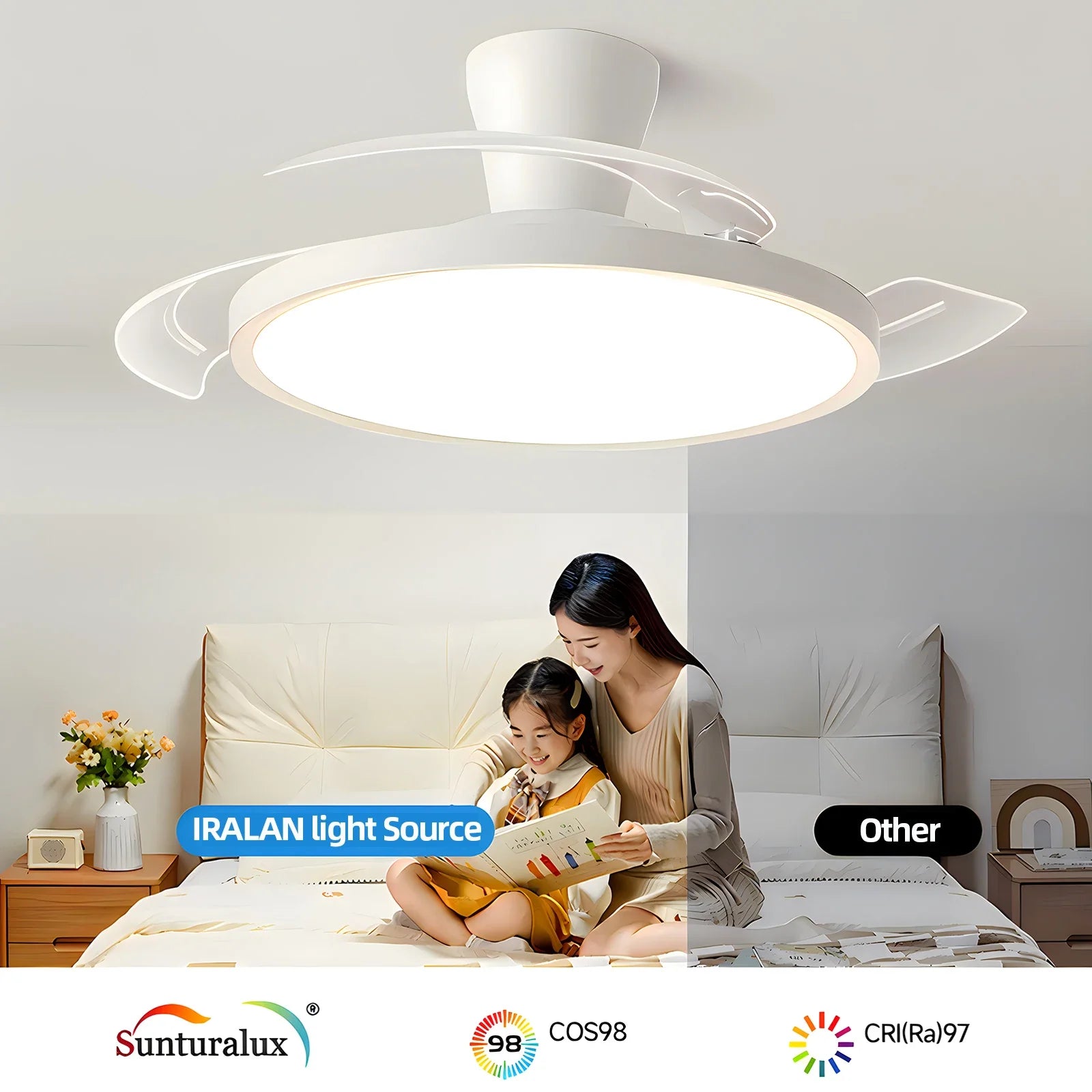 Ventilateur de plafond moderne à pales rétractables avec lumière, idéal pour salon, chambre ou appartement