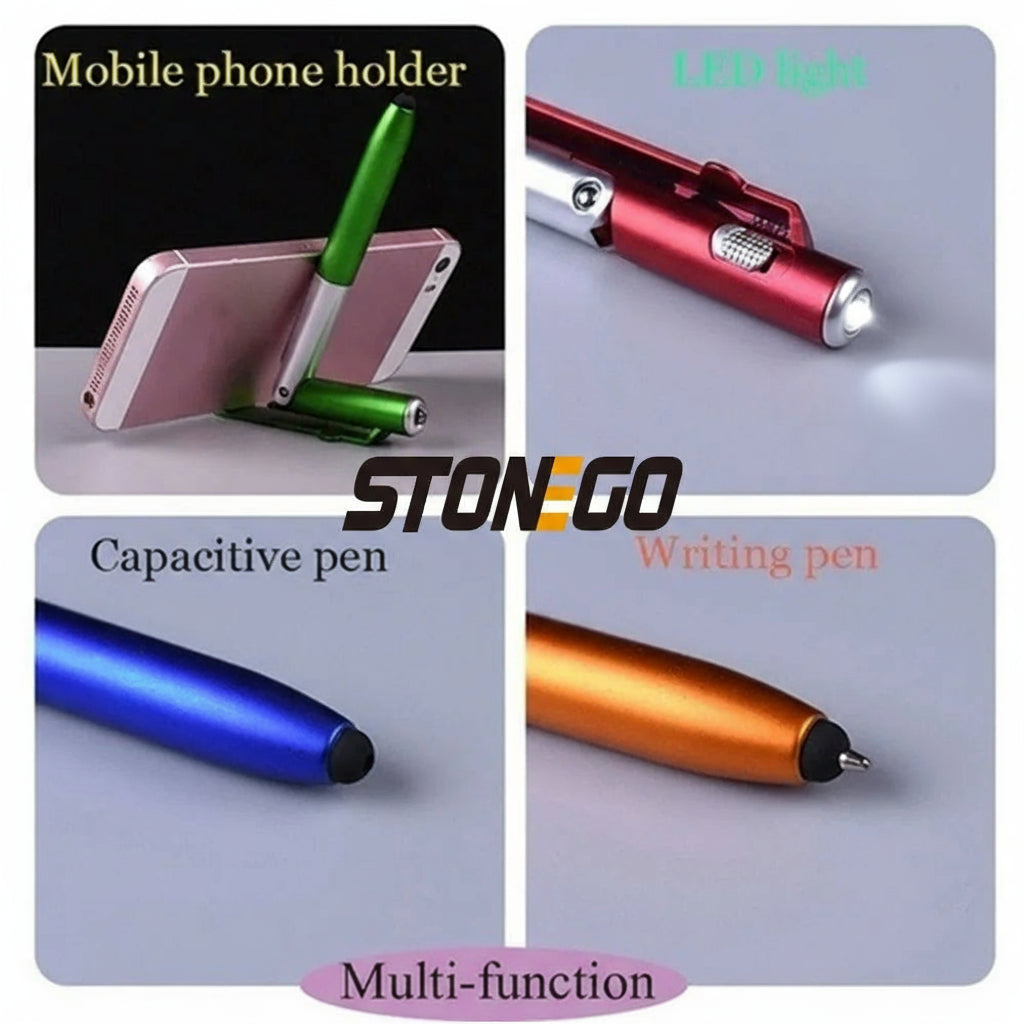 Stylo Bille 4-en-1 Pliable avec Stylet Tactile STONEGO, Lampe LED et Support pour Smartphone/Tablette