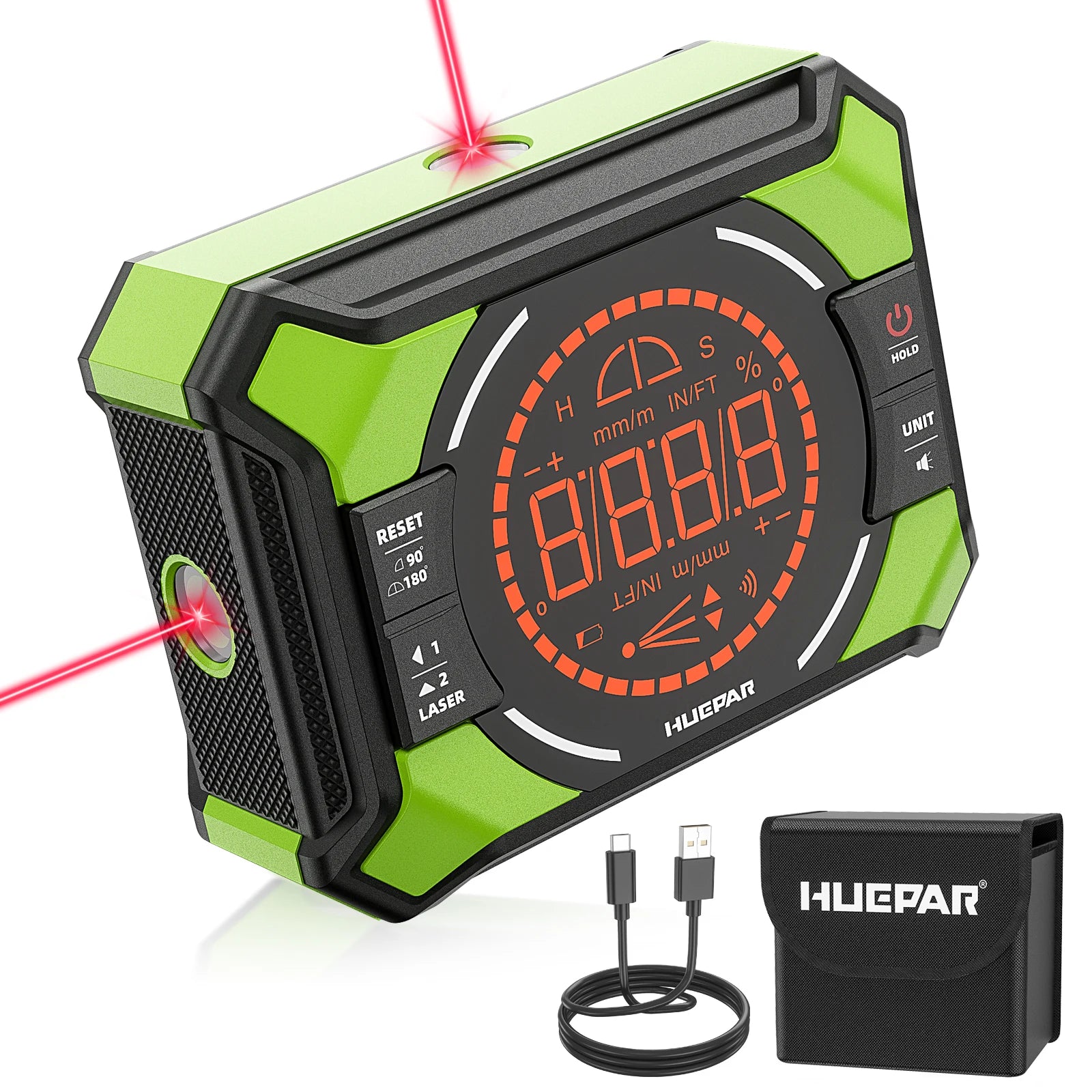 Niveau/Rapporteur d'angle numérique Huepar avec laser et écran LCD – inclinomètre magnétique compact