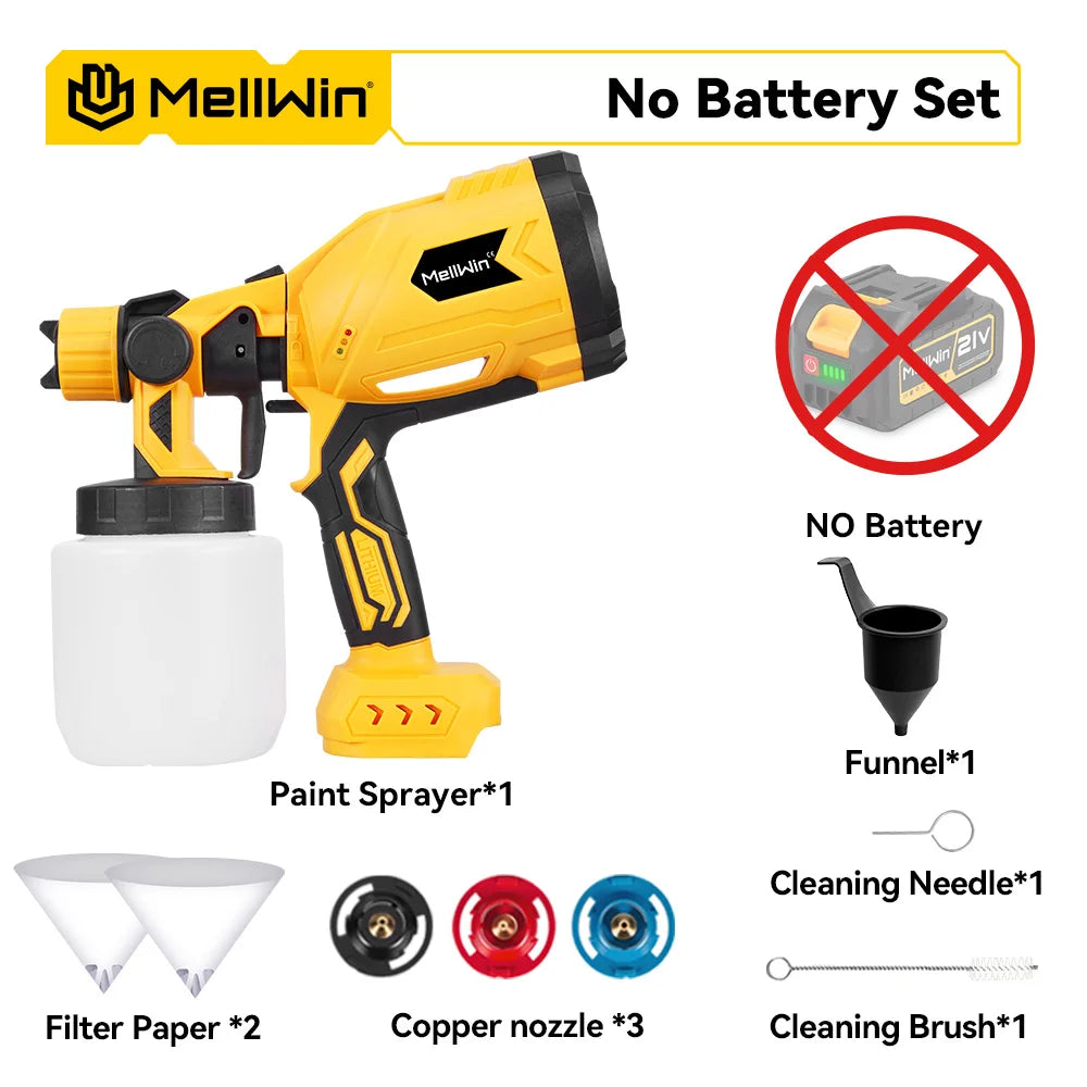 Pistolet de pulvérisation de peinture électrique 1000ML MELLWIN – Sans fil Portable HVLP pour meubles et voiture, compatible broche Makita 18V