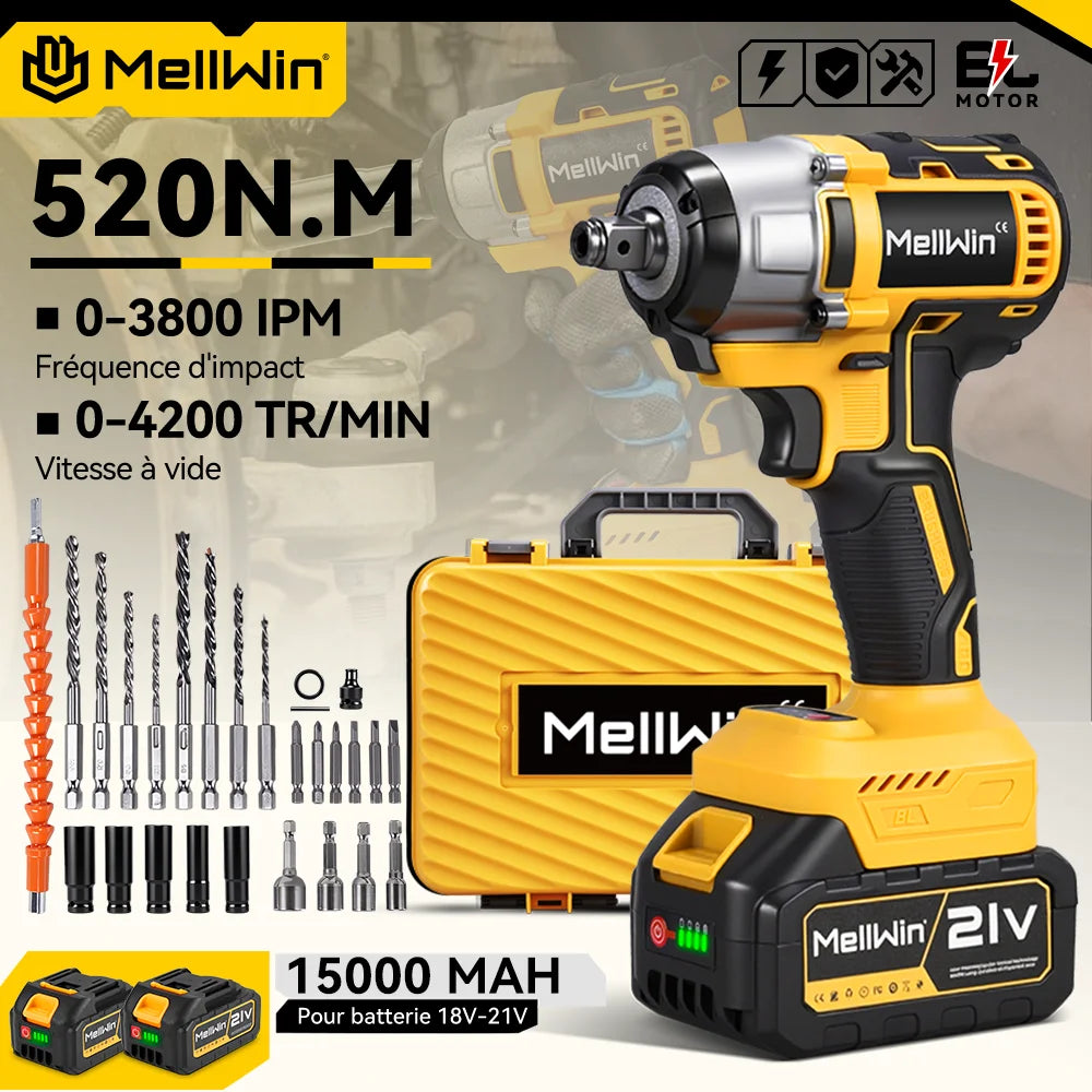 MELLWIN 520N.M clé électrique sans brosse 3-en-1 clé à chocs sans fil tournevis électrique perceuse pour Makita 18V batterie broche