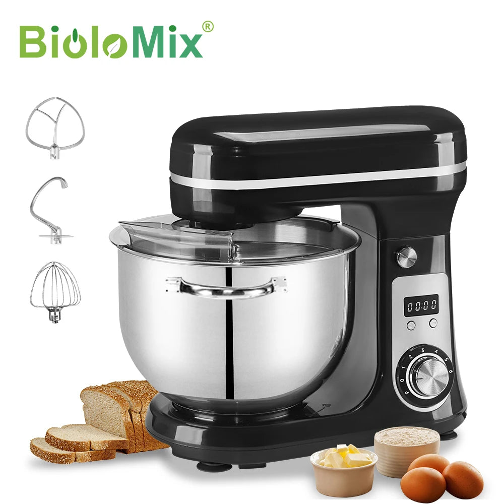 Robot de cuisine électrique BioloMix, 6L sur socle mélangeur 1200W moteur silencieux bol en acier inoxydable 6 vitesses, Crochet à pétrir, Batteur plat, bol mélangeur, Fouet filaire