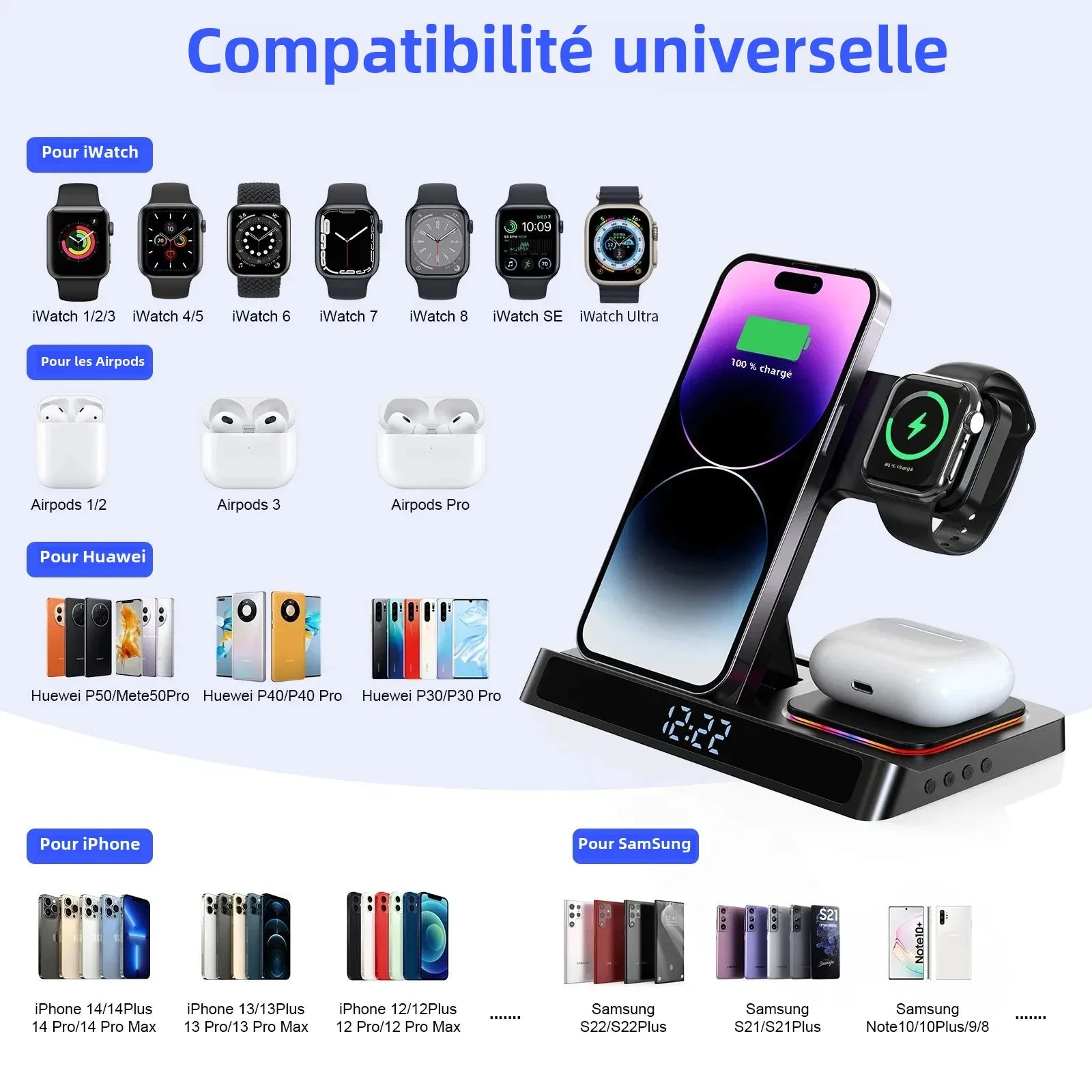 Support de chargeur sans fil pliable 4 en 1, pour IPhone 15 14 13 12 pour Apple Watch 9 8 Airpods Pro iWatch, Station de charge rapide