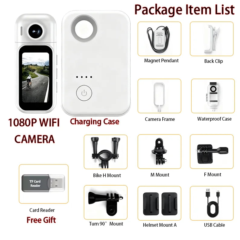 Mini Caméra d’Action 1080P JETO JT-91 – WiFi, Écran Tactile 1,47", Objectif Rotatif 180°, Boîtier de Charge Magnétique