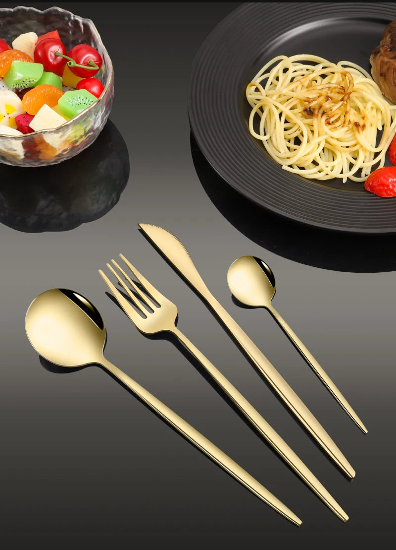 Ensemble de vaisselle en acier inoxydable doré 24 pièces, couteau à steak, fourchette, cuillère à soupe, cuillère à café, couverts lavables au lave-vaisselle, vaisselle de cuisine