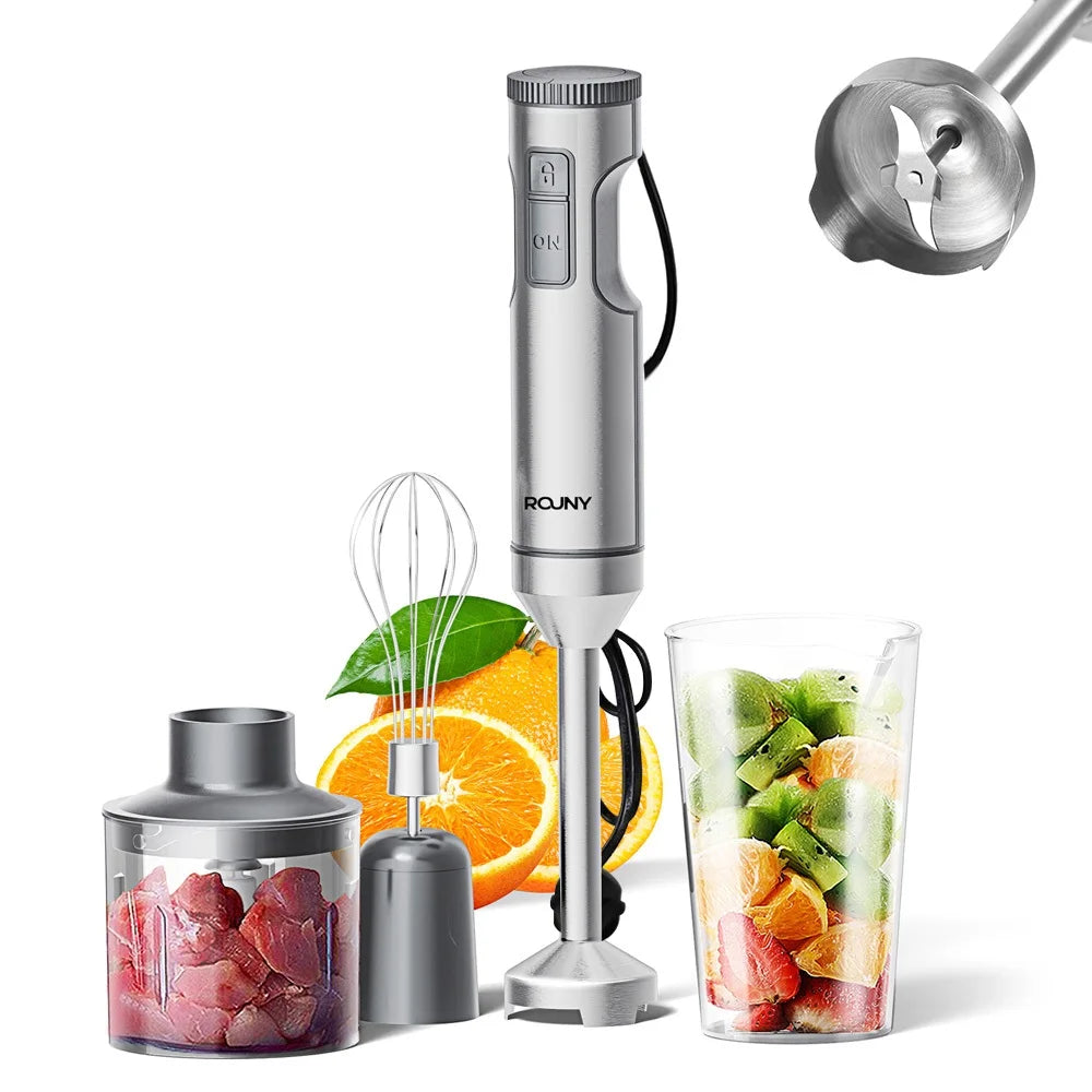 Mixeur Mélangeur à Immersion Manuel Puissant 4 en 1 – Acier Inoxydable 304, Bécher 700 ml, Processeur 500 ml, Fouet – Marque ROUNY