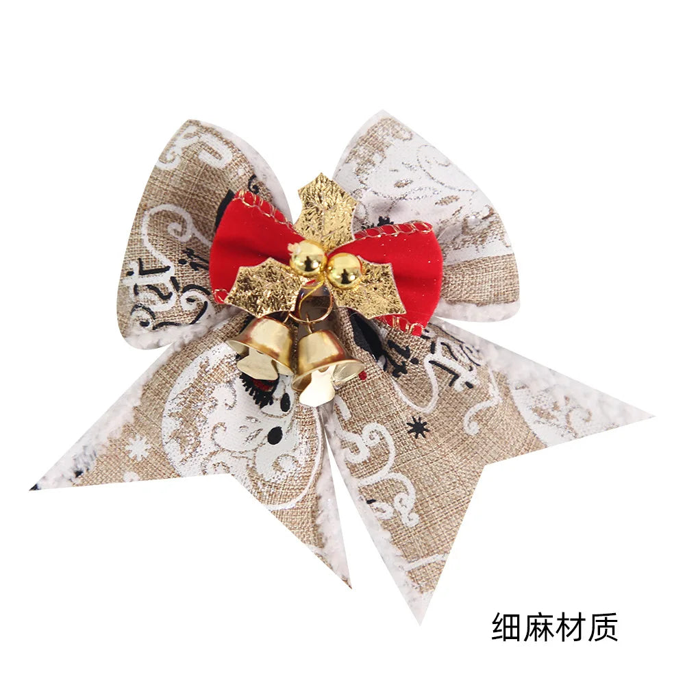 Noeud de ruban de lin vintage, décorations d'arbre de Noël, nœuds de cloche, décoration de boîte cadeau de fête à la maison, paquet de 4 pièces