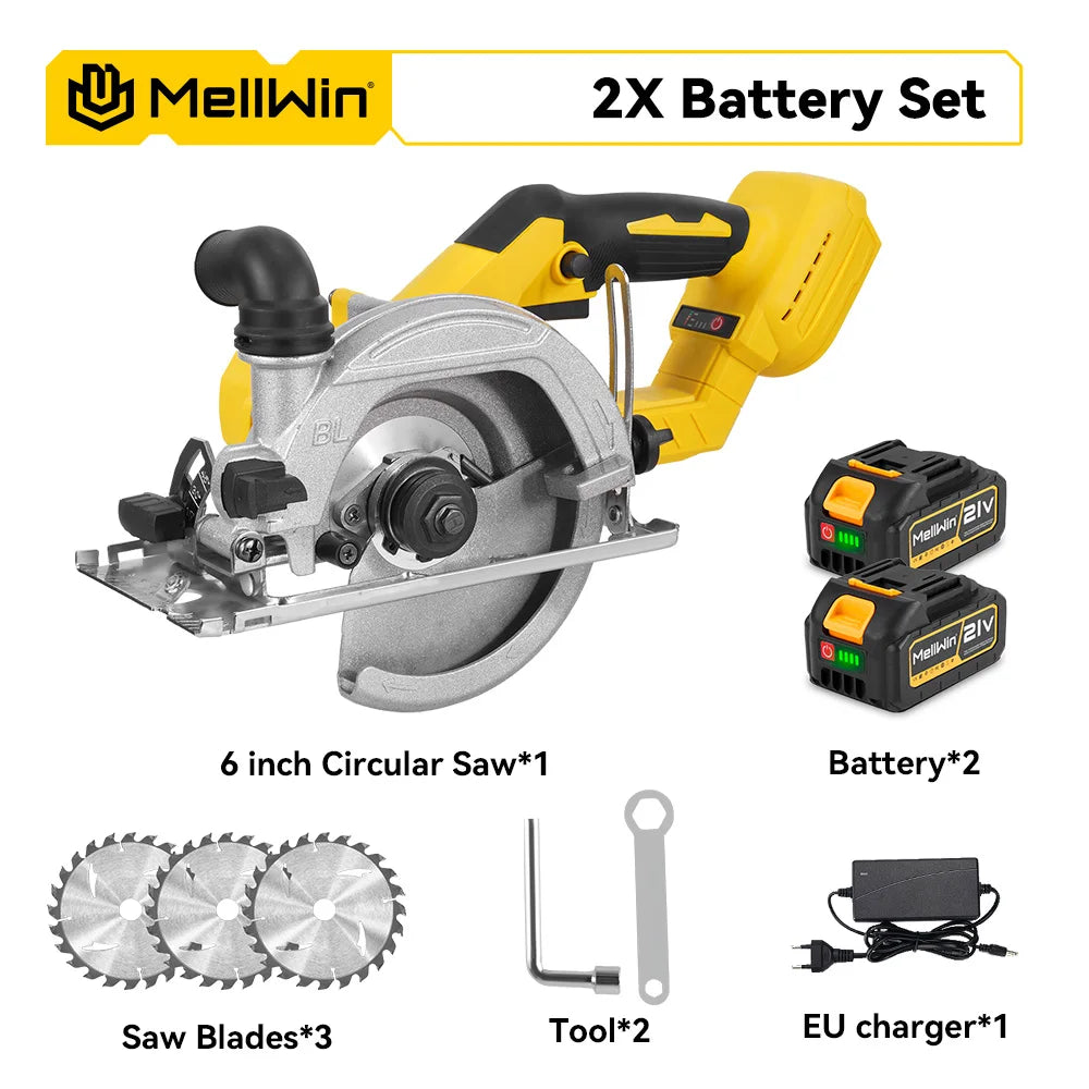 Scie circulaire électrique sans balais MELLWIN 6 pouces (150 mm) – scie portative sans fil pour bois et matériaux divers, compatible batterie Makita 18 V / 21 V